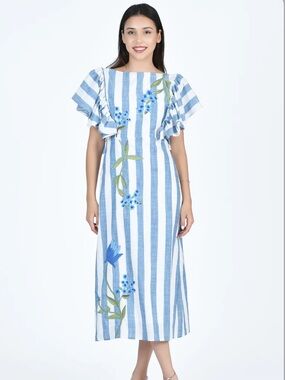 Fanm Mon Valeria Midi Dress XL 100% Cotton Embroidered Feminine Ruffle Sleeve